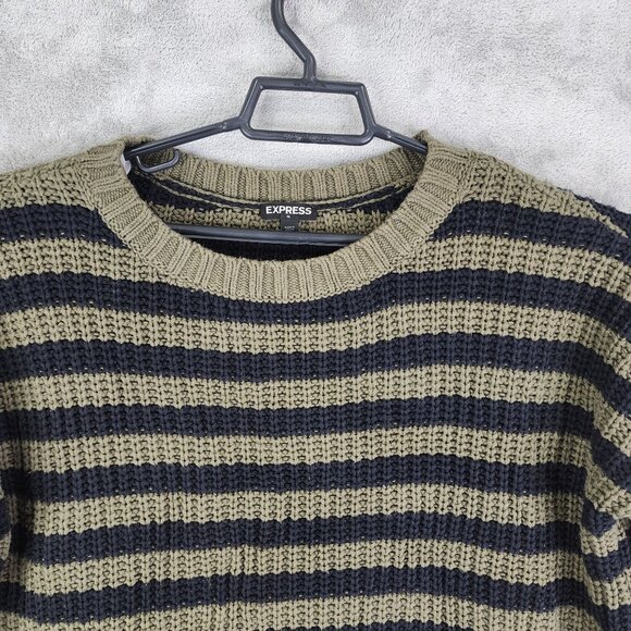 Womens Express Olive & Black Striped Knit Sweater Crew Neck Long Sleeve Size M - Picture 4 of 11